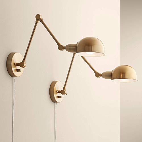 Somers Industrial Swing Arm Wall Lamps Set of 2 LED Antique Brass Metal Plug-in Light Fixture Half Dome Shades for Bedroom Bedside House Reading Living Room Home Hallway Dining - 360 Lighting