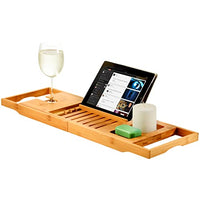 Premium Bamboo Bathtub Tray Caddy - Expandable Wood Bath Tray with Book/Tablet Holder, Wine Glass Slot - Tub Table Bathtub Accessories - Gift Idea for Loved Ones