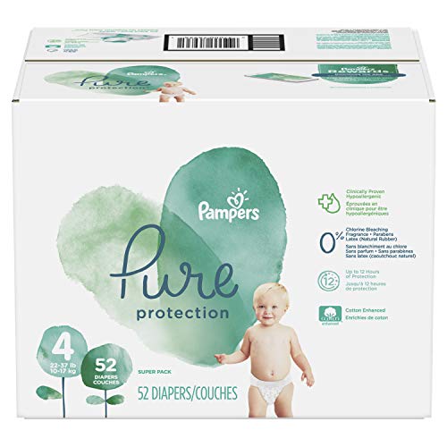 Diapers Size 4, 52 Count - Pampers Pure Protection Disposable Baby Diapers, Hypoallergenic and Unscented Protection, Super Pack (Old Version)