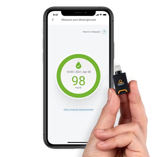 DARIO Blood Glucose Monitor Kit Test Your Blood Sugar Levels and Estimate A1c After 3m. Kit Includes: Glucose-Meter with 25 Strips,10 Sterile lancets (iPhone Lightning)