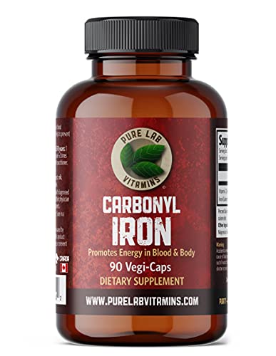 Pure Lab Vitamins Carbonyl Iron Supplement- 90 Vegetarian Caps - Unique Formulation of Metallic Iron with Ascorbic Acid, Superior Bioavailability - Non Constipating, Supports Red Blood Cell Formation