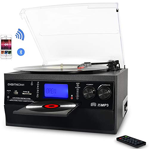 DIGITNOW Bluetooth Record Player Turntable with Stereo Speaker, LP Vinyl to MP3 Converter with CD, Cassette, Radio, Aux in and USB/SD Encoding, Remote Control