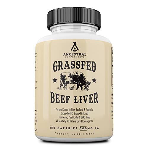 Ancestral Supplements Grass Fed Beef Liver (Desiccated)  Natural Iron, Vitamin A, B12 for Energy (180 Capsules)
