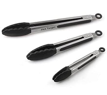 Load image into Gallery viewer, Hot Target Set of 3: 7, 9, 12 inches, Black Color, Heavy Duty, Non-Stick, Stainless Steel Silicone BBQ and Kitchen Tongs. Heat resistant up to 600F (3 COLORS AVAILABLE)
