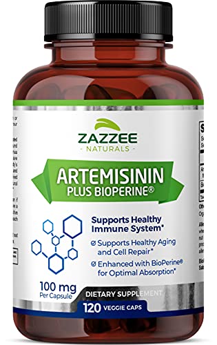 Zazzee Artemisinin, 100 mg per Capsule, 120 Vegan Capsules, 4 Month Supply, Plus 5 mg BioPerine for Enhanced Absorption, Sweet Wormwood Extract, Vegan and Non-GMO