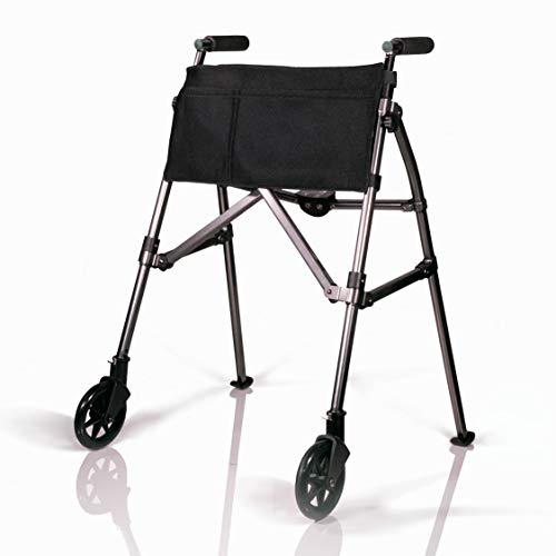 Stander EZ Fold-N-Go Walker, Lightweight Folding Mobility Rolling Walker for Seniors and Adults, 6-inch Wheels, Ski Glides, and Organizer Pouch, Black Walnut