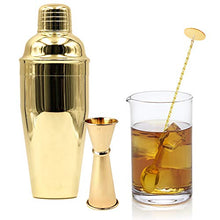 Load image into Gallery viewer, Homestia Gold Cocktail Shaker Set Bartender Kit Stainless Steel 24oz Martini Shaker, Muddle Spoon, Double Jigger, Fine Strainer, Ice Tong, 2 Liquor Pour Spout Barware Gift Set
