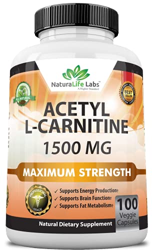 Acetyl L-Carnitine 1,500 mg High Potency Supports Natural Energy Production, Supports Memory/Focus - 100 Veggie Capsules