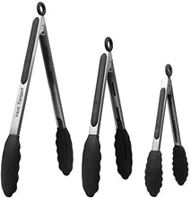 Load image into Gallery viewer, Hot Target Set of 3: 7, 9, 12 inches, Black Color, Heavy Duty, Non-Stick, Stainless Steel Silicone BBQ and Kitchen Tongs. Heat resistant up to 600F (3 COLORS AVAILABLE)
