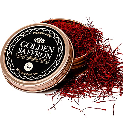 Golden Saffron, Finest Pure Premium All Red Saffron Threads, Grade A+ Super Negin, Non-GMO Verified. For Tea, Paella, Rice, Desserts, Golden Milk and Risotto (3 Grams)