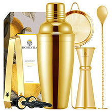 Load image into Gallery viewer, Homestia Gold Cocktail Shaker Set Bartender Kit Stainless Steel 24oz Martini Shaker, Muddle Spoon, Double Jigger, Fine Strainer, Ice Tong, 2 Liquor Pour Spout Barware Gift Set
