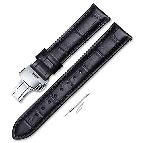 iStrap 22mm Calf Leather Padded Replacement Watch Band W/Push Button Deployment Buckle Black 22