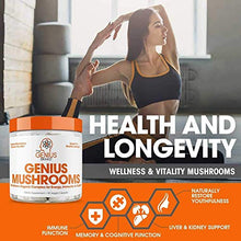 Load image into Gallery viewer, Genius Mushroom  Lions Mane, Cordyceps and Reishi  Immune System Booster &amp; Nootropic Brain Supplement  Wellness Formula for Natural Energy, Stress Relief, Memory &amp; Liver Support, 90 Veggie Pills
