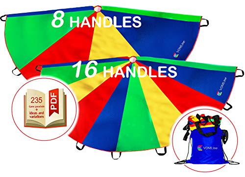 VOMLine Play Parachute 12 Foot for Kids with Extra Strong Smudge Resistant-Handles, Proper Selection of Matching Colors On The Basis of Experimental Color Testing, with High-Grade Stitching