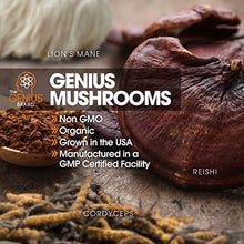 Load image into Gallery viewer, Genius Mushroom  Lions Mane, Cordyceps and Reishi  Immune System Booster &amp; Nootropic Brain Supplement  Wellness Formula for Natural Energy, Stress Relief, Memory &amp; Liver Support, 90 Veggie Pills
