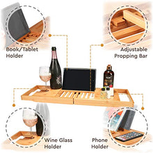 Load image into Gallery viewer, Premium Bamboo Bathtub Tray Caddy - Expandable Wood Bath Tray with Book/Tablet Holder, Wine Glass Slot - Tub Table Bathtub Accessories - Gift Idea for Loved Ones
