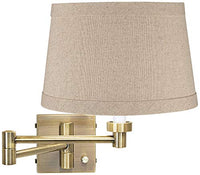 Modern Swing Arm Wall Lamp with Cord Antique Brass Plug-in Light Fixture Dimmable Natural Linen Drum Shade for Bedroom Bedside House Reading Living Room Home Hallway Dining - Barnes and Ivy