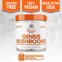Load image into Gallery viewer, Genius Mushroom  Lions Mane, Cordyceps and Reishi  Immune System Booster &amp; Nootropic Brain Supplement  Wellness Formula for Natural Energy, Stress Relief, Memory &amp; Liver Support, 90 Veggie Pills
