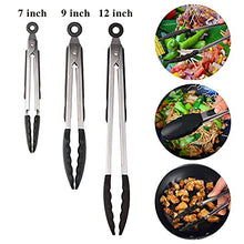 Load image into Gallery viewer, Hot Target Set of 3: 7, 9, 12 inches, Black Color, Heavy Duty, Non-Stick, Stainless Steel Silicone BBQ and Kitchen Tongs. Heat resistant up to 600F (3 COLORS AVAILABLE)
