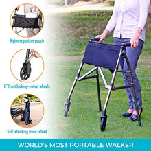 Load image into Gallery viewer, Stander EZ Fold-N-Go Walker, Lightweight Folding Mobility Rolling Walker for Seniors and Adults, 6-inch Wheels, Ski Glides, and Organizer Pouch, Black Walnut
