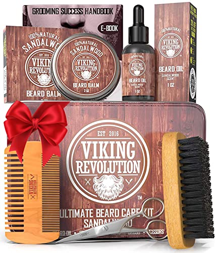 Beard Care Kit for Men- Sandalwood- Ultimate Beard Grooming Kit includes 100% Boar Beard Brush, Wood Beard Comb, Sandalwood Beard Balm, Sandalwood Beard Oil, Beard & Mustache Scissors in a Metal Box