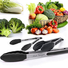 Load image into Gallery viewer, Hot Target Set of 3: 7, 9, 12 inches, Black Color, Heavy Duty, Non-Stick, Stainless Steel Silicone BBQ and Kitchen Tongs. Heat resistant up to 600F (3 COLORS AVAILABLE)
