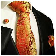 Load image into Gallery viewer, Paul Malone Necktie, Pocket Square and Cufflinks 100% Silk Gold Red Paisley
