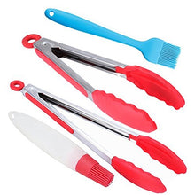 Load image into Gallery viewer, Heat Resistant Silicone Stainless Steel Kitchen Grilling Tongs 9&quot; and 12 inch Heavy Duty, Basting BBQ Pastry Brushes Oil Bottle Brush for Burgers Bacon Sausage Steaks Eggs Pancakes - Set of 4

