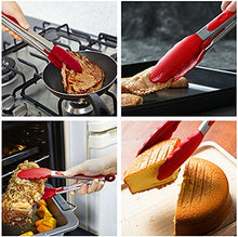 Load image into Gallery viewer, Heat Resistant Silicone Stainless Steel Kitchen Grilling Tongs 9&quot; and 12 inch Heavy Duty, Basting BBQ Pastry Brushes Oil Bottle Brush for Burgers Bacon Sausage Steaks Eggs Pancakes - Set of 4
