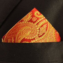 Load image into Gallery viewer, Paul Malone Necktie, Pocket Square and Cufflinks 100% Silk Gold Red Paisley
